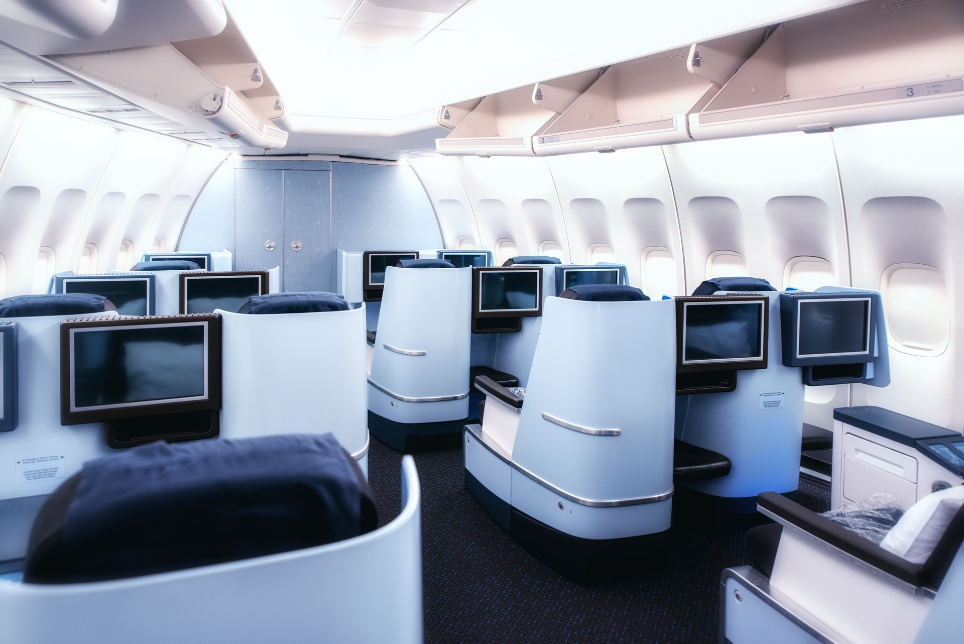 Airplane cabin business class interior view